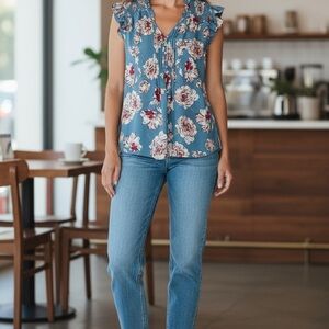 Daniel Rainn Floral Print Blouse Smocked Neckline & Ruffle Sleeves, Small